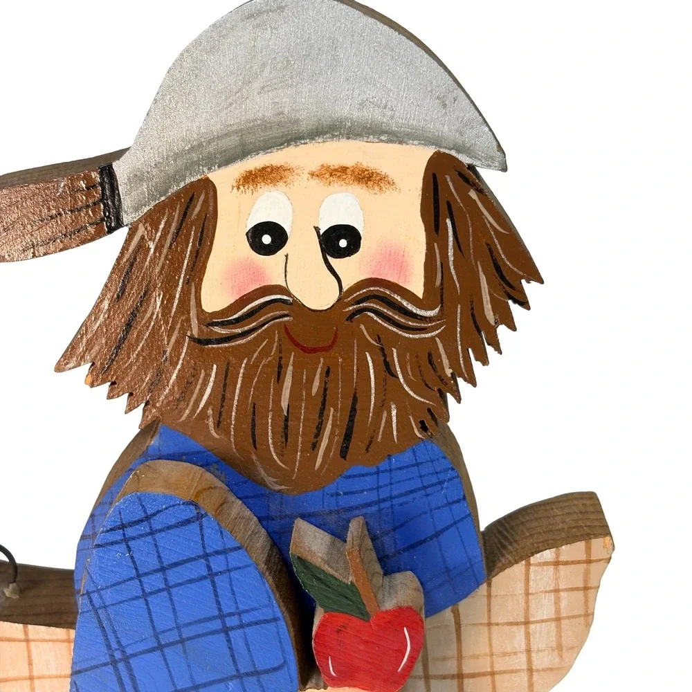 Vintage 1995 Johnny Appleseed Hand Painted Wood Folk Art Wall Decor Signed 7" - Picture 3 of 10